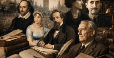Escritores ingleses destacados con libros antiguos, manuscritos, pluma, biblioteca clásica y Londres al fondo.