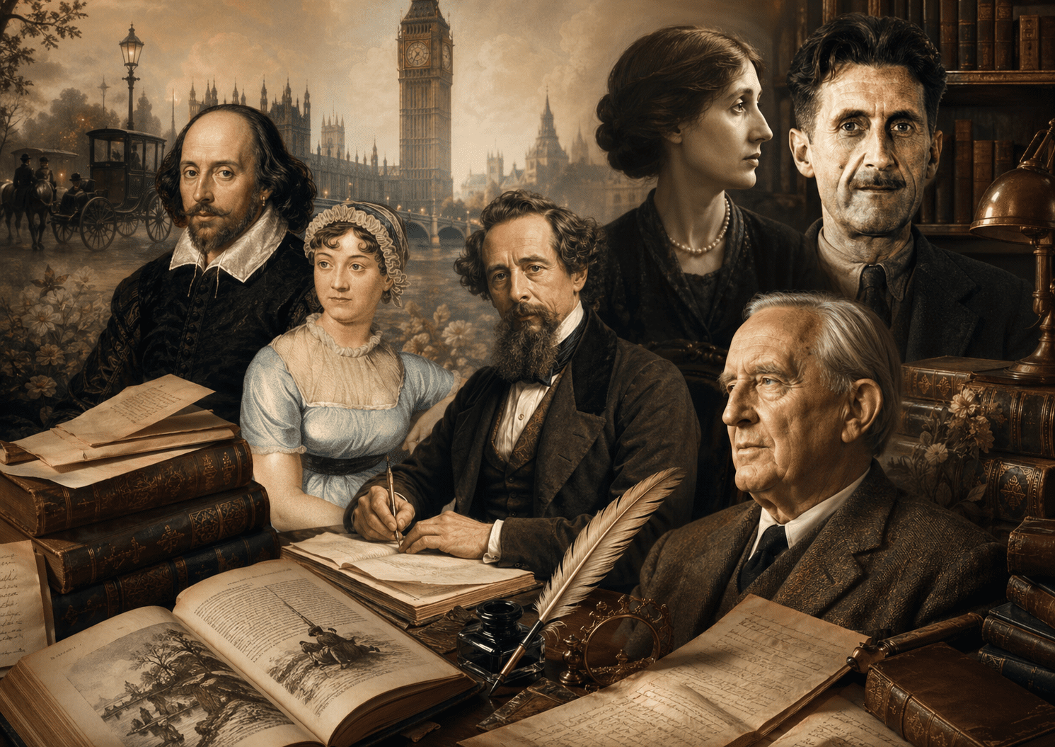 Escritores ingleses destacados con libros antiguos, manuscritos, pluma, biblioteca clásica y Londres al fondo.