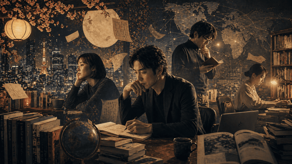 Escritores japoneses contemporáneos escribiendo y leyendo en una ciudad nocturna, con libros, manuscritos, mapa mundial y luces de Tokio.