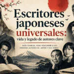 Escritores japoneses universales con retratos de autores clave, libros, caligrafía, cerezos en flor y el Monte Fuji.