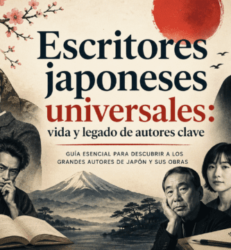 Escritores japoneses universales con retratos de autores clave, libros, caligrafía, cerezos en flor y el Monte Fuji.
