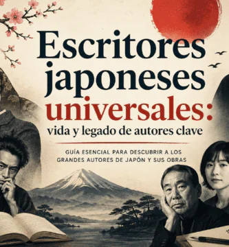 Escritores japoneses universales con retratos de autores clave, libros, caligrafía, cerezos en flor y el Monte Fuji.