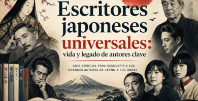 Escritores japoneses universales con retratos de autores clave, libros, caligrafía, cerezos en flor y el Monte Fuji.
