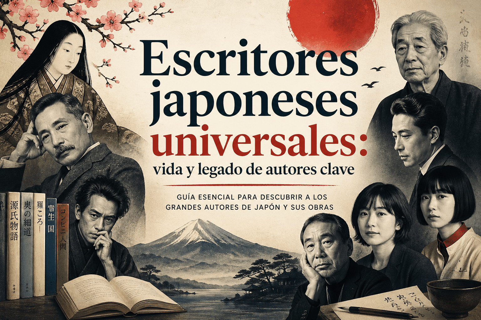 Escritores japoneses universales con retratos de autores clave, libros, caligrafía, cerezos en flor y el Monte Fuji.