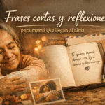 Portada con madre e hijo abrazándose junto a un cuaderno abierto y una carta, en una escena cálida y emotiva sobre frases y reflexiones para mamá