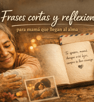 Portada con madre e hijo abrazándose junto a un cuaderno abierto y una carta, en una escena cálida y emotiva sobre frases y reflexiones para mamá
