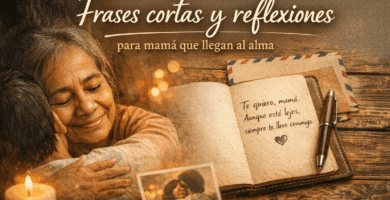 Portada con madre e hijo abrazándose junto a un cuaderno abierto y una carta, en una escena cálida y emotiva sobre frases y reflexiones para mamá