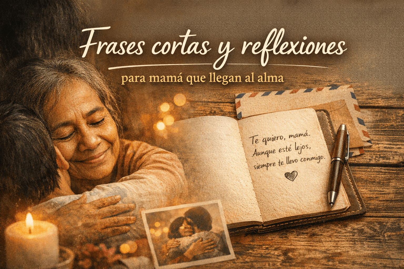 Portada con madre e hijo abrazándose junto a un cuaderno abierto y una carta, en una escena cálida y emotiva sobre frases y reflexiones para mamá