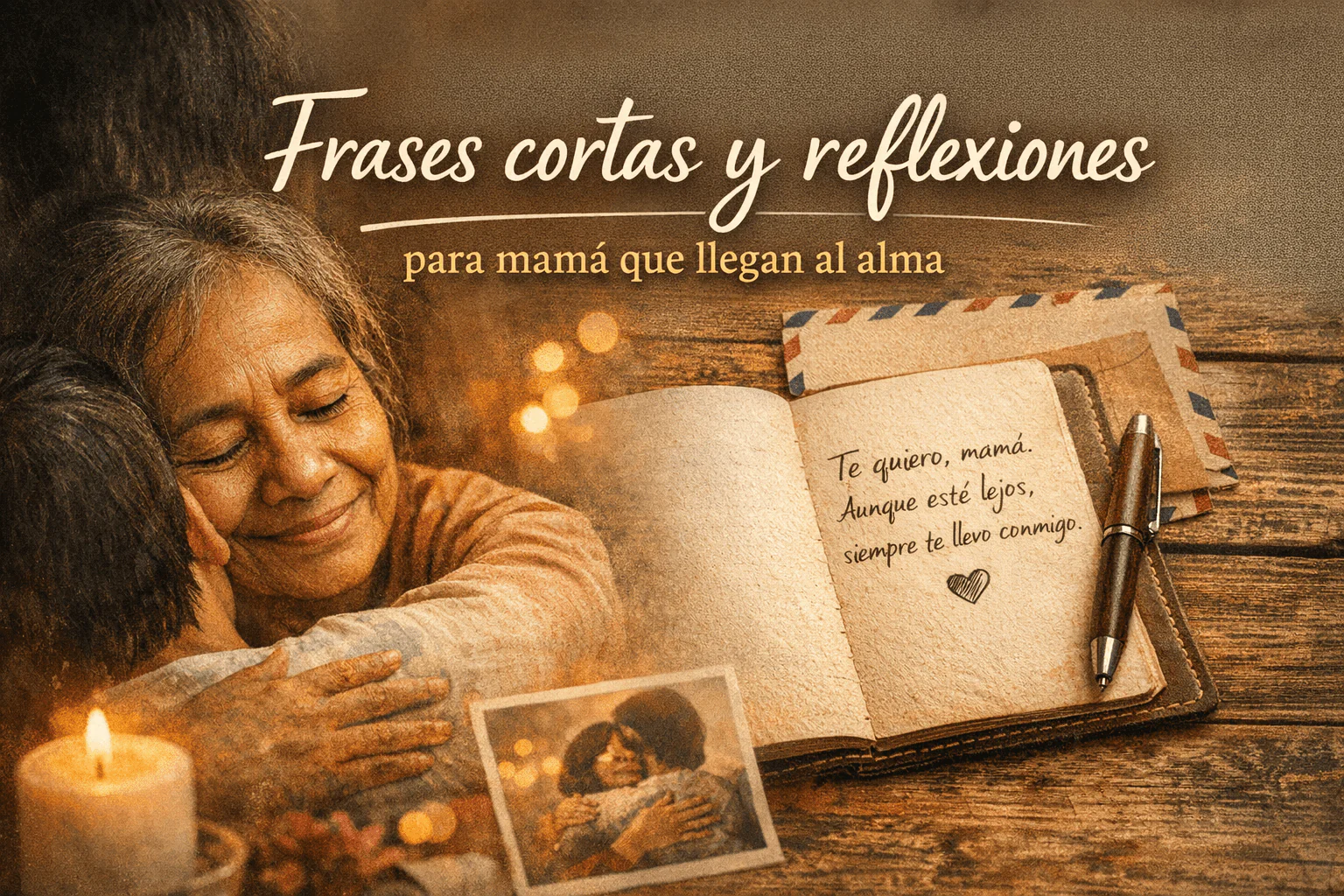 Portada con madre e hijo abrazándose junto a un cuaderno abierto y una carta, en una escena cálida y emotiva sobre frases y reflexiones para mamá