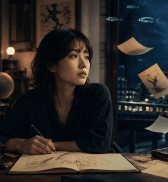 Imagen editorial inspirada en la nueva novela de Haruki Murakami con una joven escritora frente a una ventana nocturna