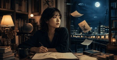 Imagen editorial inspirada en la nueva novela de Haruki Murakami con una joven escritora frente a una ventana nocturna