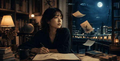 Imagen editorial inspirada en la nueva novela de Haruki Murakami con una joven escritora frente a una ventana nocturna