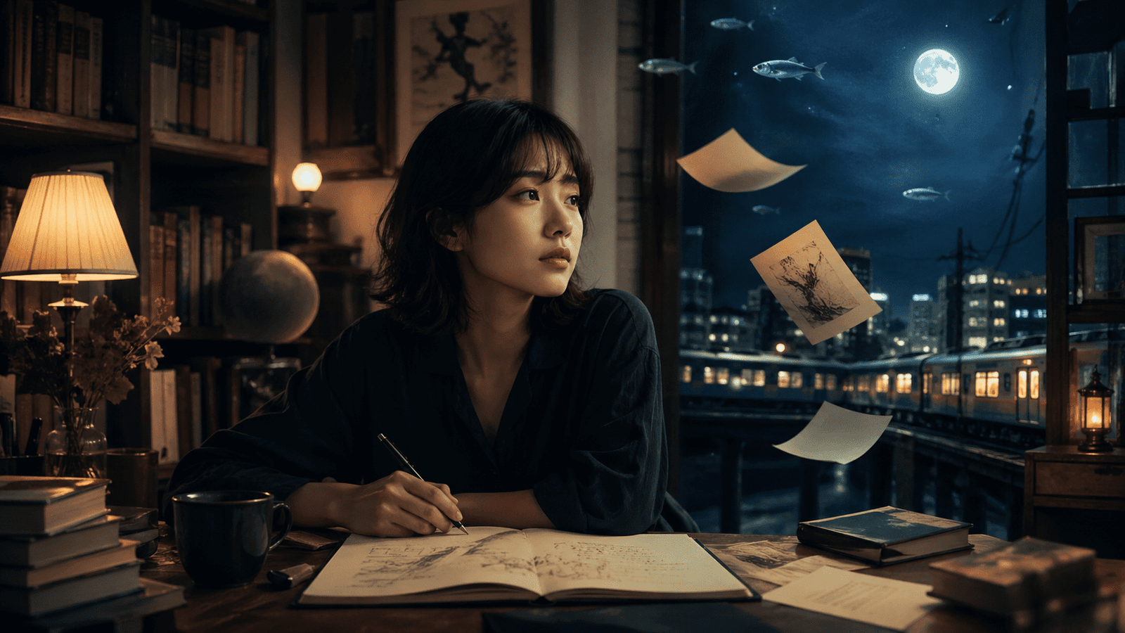 Imagen editorial inspirada en la nueva novela de Haruki Murakami con una joven escritora frente a una ventana nocturna