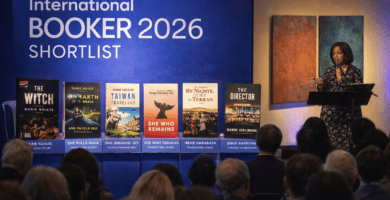Imagen editorial del International Booker Prize 2026 con libros finalistas en escena