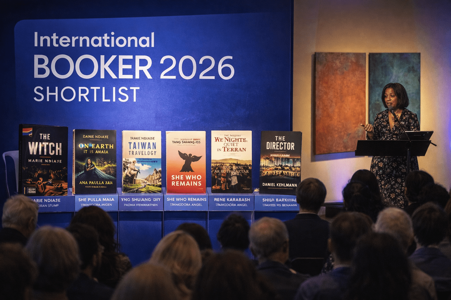 Imagen editorial del International Booker Prize 2026 con libros finalistas en escena