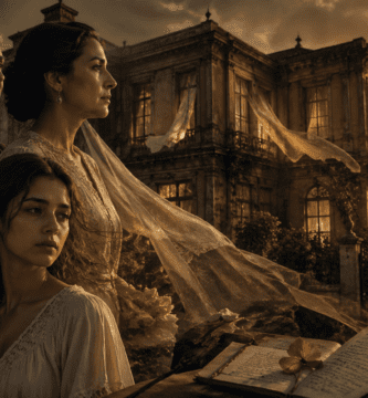 Imagen editorial inspirada en La casa de los espíritus con tres mujeres frente a una casona al atardecer