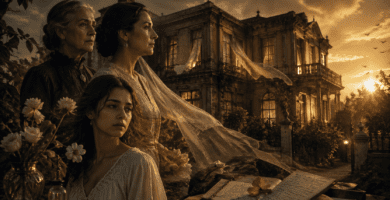 Imagen editorial inspirada en La casa de los espíritus con tres mujeres frente a una casona al atardecer
