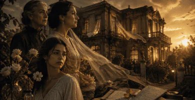 Imagen editorial inspirada en La casa de los espíritus con tres mujeres frente a una casona al atardecer