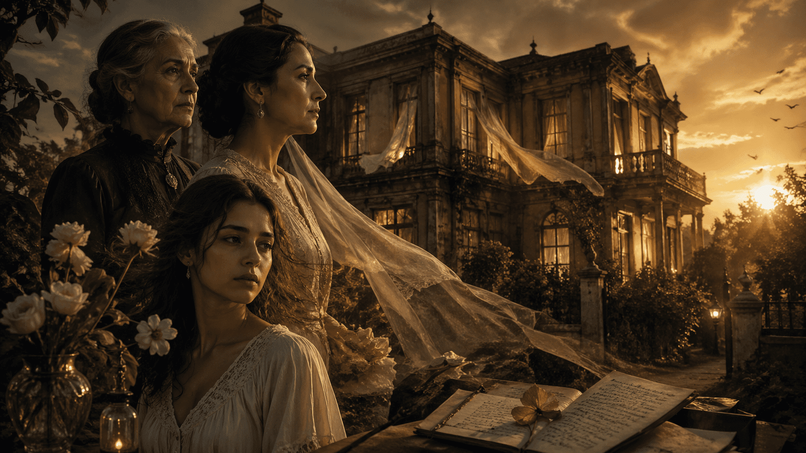Imagen editorial inspirada en La casa de los espíritus con tres mujeres frente a una casona al atardecer