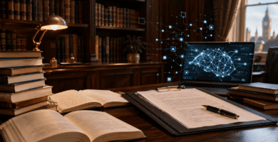 Imagen editorial sobre licencia colectiva para IA con libros, documentos y una pantalla digital en un despacho