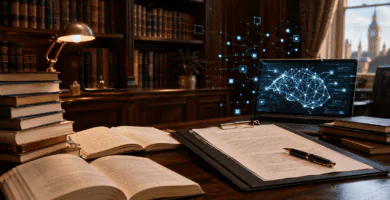 Imagen editorial sobre licencia colectiva para IA con libros, documentos y una pantalla digital en un despacho