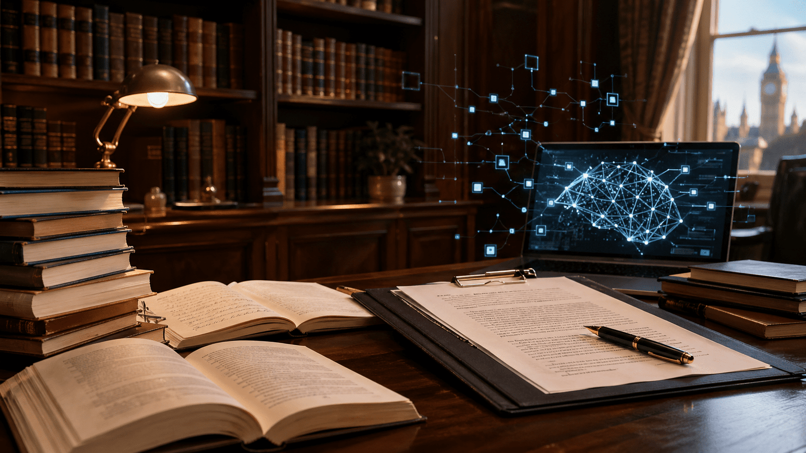 Imagen editorial sobre licencia colectiva para IA con libros, documentos y una pantalla digital en un despacho