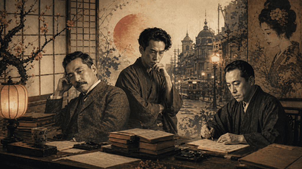 Escritores japoneses modernos en una escena de transición entre tradición y modernidad, con libros, caligrafía, arquitectura urbana y ambiente literario japonés.