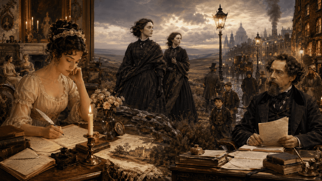 Jane Austen, las hermanas Brontë y Charles Dickens representando la novela inglesa del siglo XIX, con salones elegantes, páramos, manuscritos y Londres victoriano.