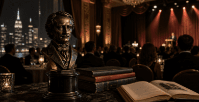 Imagen editorial de los Edgar Awards 2026 con busto de Edgar Allan Poe, libros y ambiente de gala