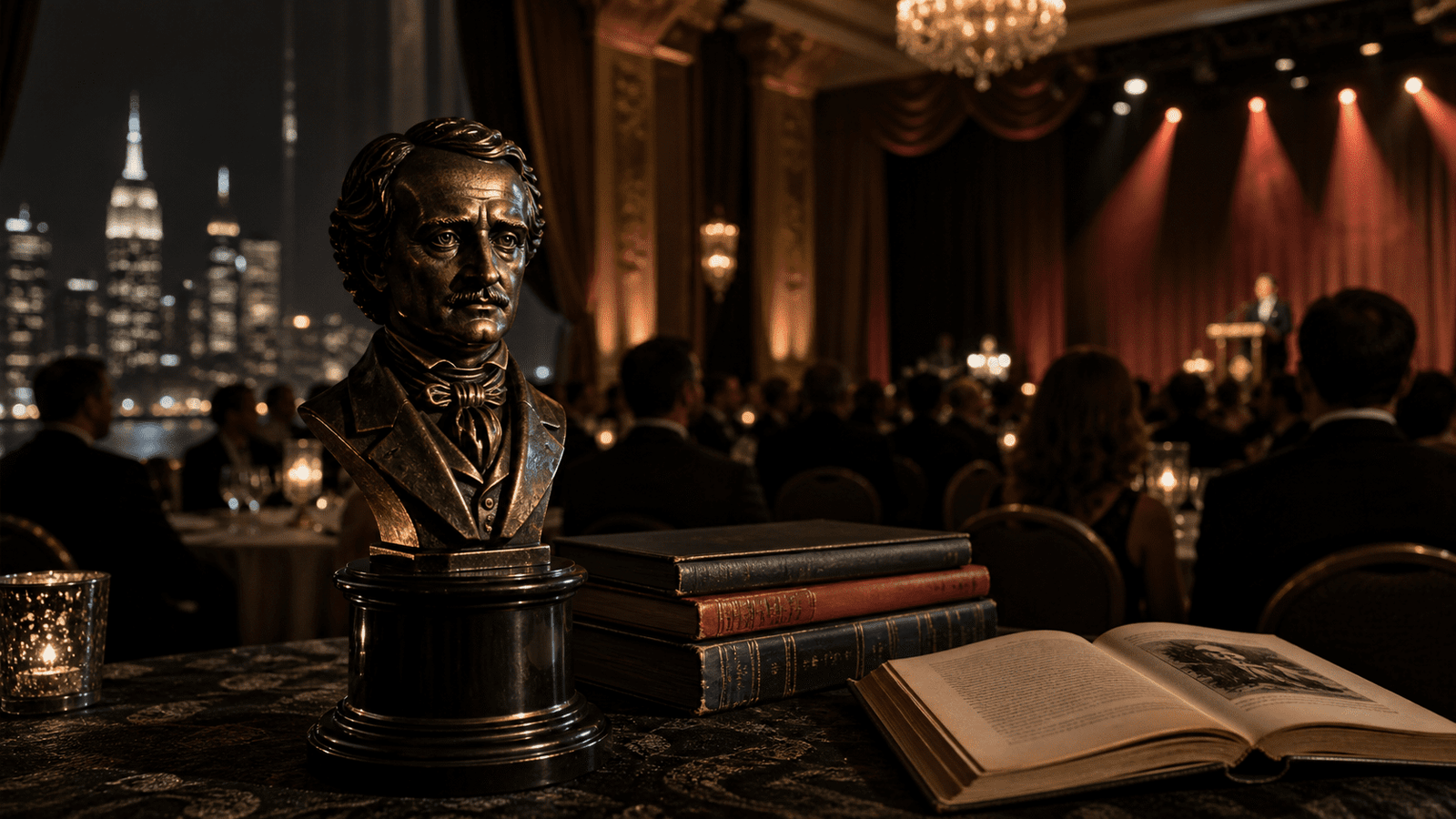 Imagen editorial de los Edgar Awards 2026 con busto de Edgar Allan Poe, libros y ambiente de gala