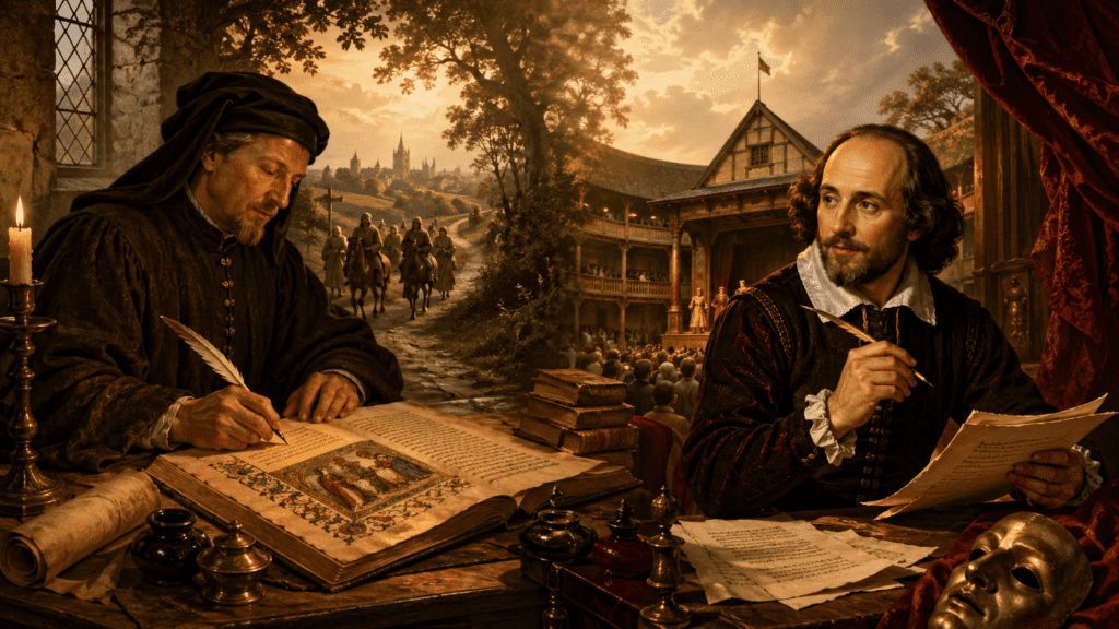 Geoffrey Chaucer y William Shakespeare representando los orígenes de la literatura inglesa, con manuscritos medievales, teatro isabelino y camino hacia Canterbury.