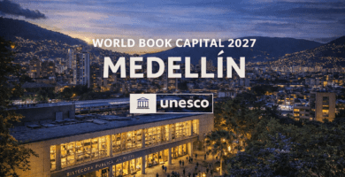 Vista editorial de Medellín con texto central sobre su designación como Capital Mundial del Libro 2027