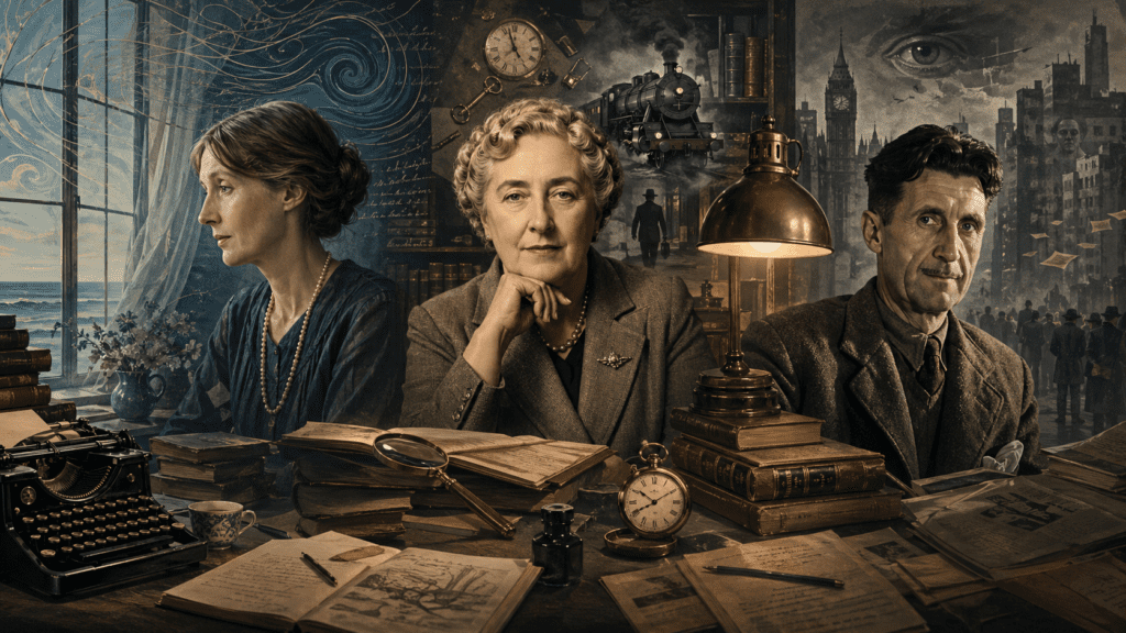Virginia Woolf, Agatha Christie y George Orwell representando el modernismo, la conciencia literaria, el misterio y la política en la literatura inglesa del siglo XX.