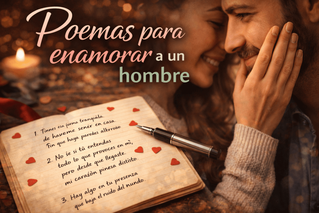 Imagen romántica de una pareja con cuaderno y versos de amor para sección de poemas para enamorar a un hombre