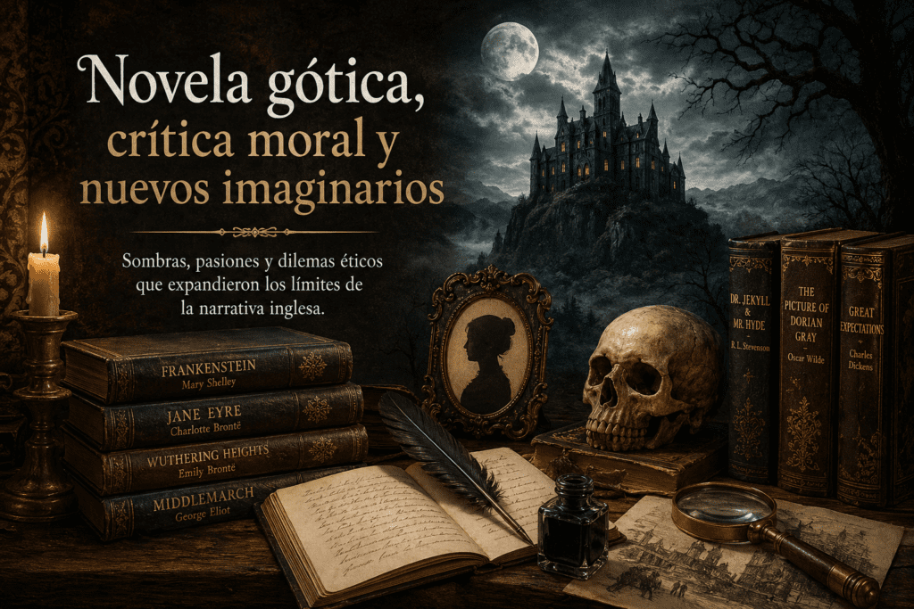 Novela gótica, crítica moral y nuevos imaginarios en la literatura inglesa, con libros antiguos, castillo oscuro, manuscritos, vela, pluma y atmósfera victoriana.