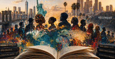 Imagen editorial sobre PEN World Voices 2026 con libro abierto, siluetas humanas y ciudades de fondo