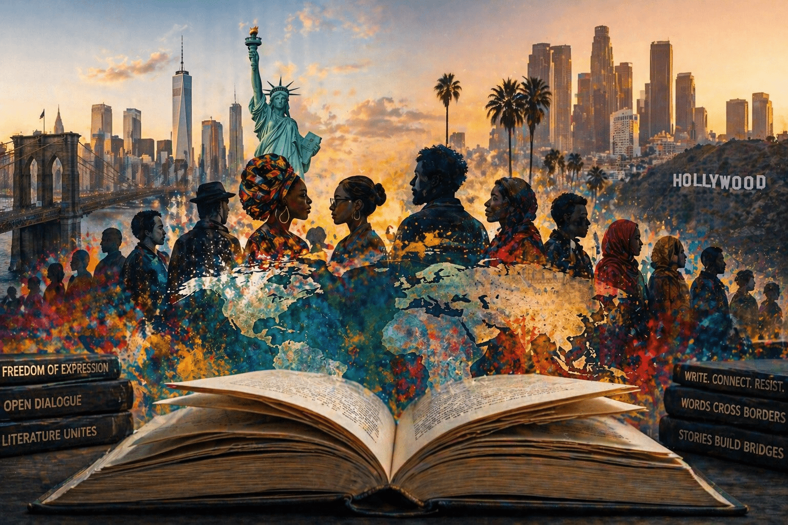 Imagen editorial sobre PEN World Voices 2026 con libro abierto, siluetas humanas y ciudades de fondo