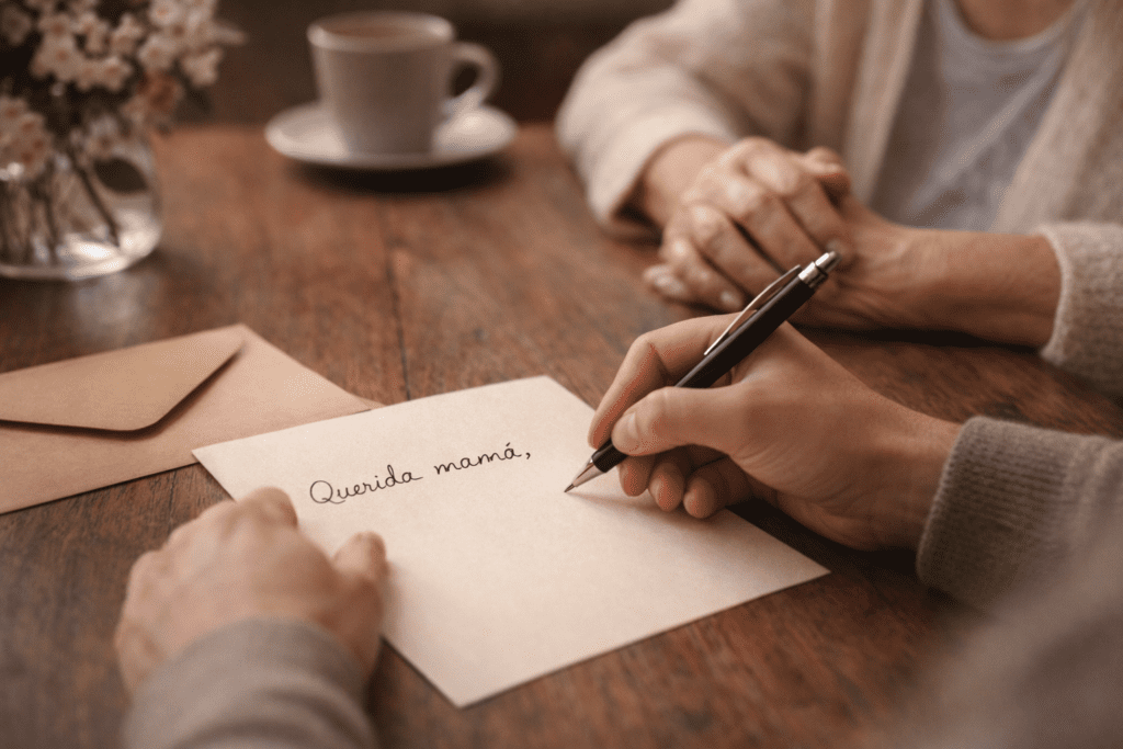 Hijo escribiendo una carta para su madre mientras ella lo acompaña con ternura en una mesa de madera