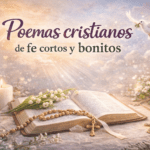 Poemas cristianos de fe cortos y bonitos con Biblia abierta, rosario, cruz, vela y paloma en una portada espiritual.