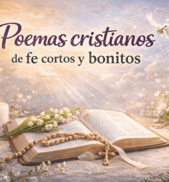 Poemas cristianos de fe cortos y bonitos con Biblia abierta, rosario, cruz, vela y paloma en una portada espiritual.