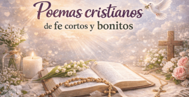 Poemas cristianos de fe cortos y bonitos con Biblia abierta, rosario, cruz, vela y paloma en una portada espiritual.