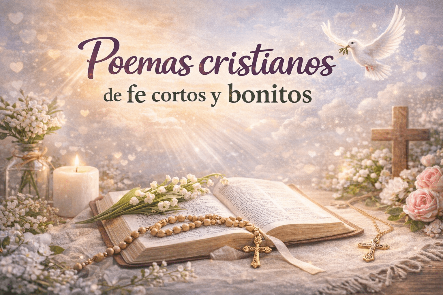 Poemas cristianos de fe cortos y bonitos con Biblia abierta, rosario, cruz, vela y paloma en una portada espiritual.