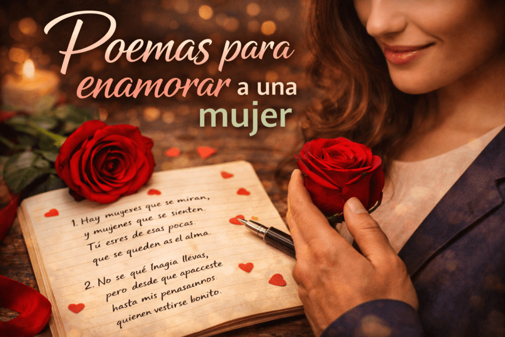 Imagen romántica de una mujer con rosa roja y cuaderno con versos de amor para sección de poemas para enamorar a una mujer