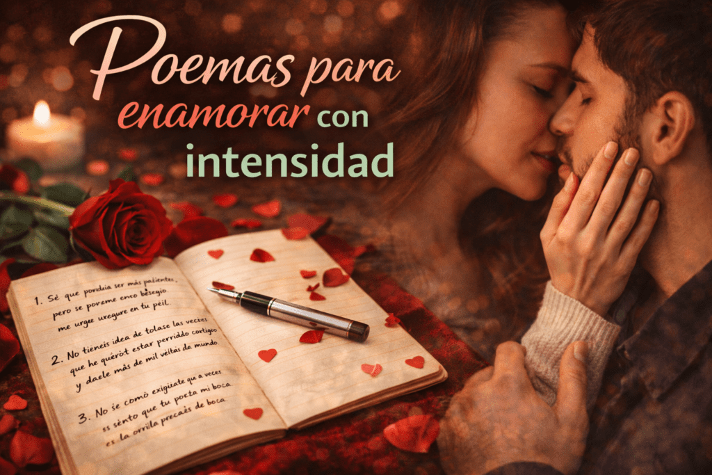 Imagen romántica de pareja con cuaderno abierto, rosa roja y versos de amor para sección de poemas para enamorar con intensidad