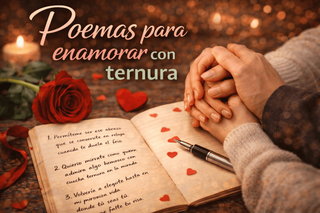 Imagen romántica con manos entrelazadas, cuaderno abierto y versos de amor para sección de poemas para enamorar con ternura