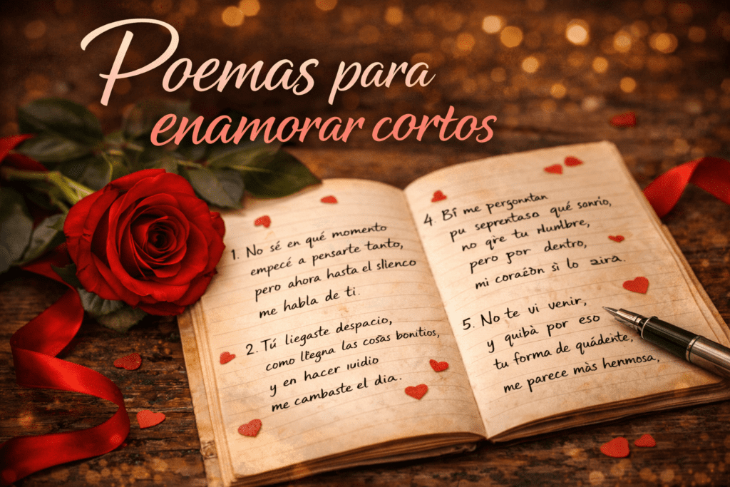 Imagen romántica con cuaderno abierto, rosa roja y poemas cortos de amor escritos a mano para sección de poemas para enamorar cortos