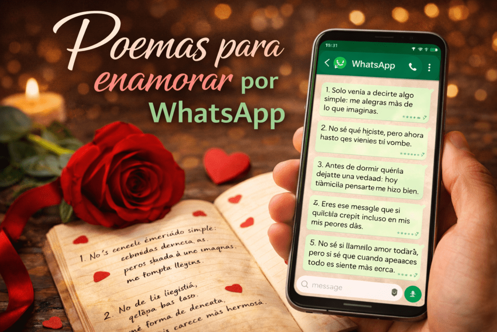 Imagen romántica para sección de poemas para enamorar por WhatsApp con celular, mensajes de amor y ambiente cálido