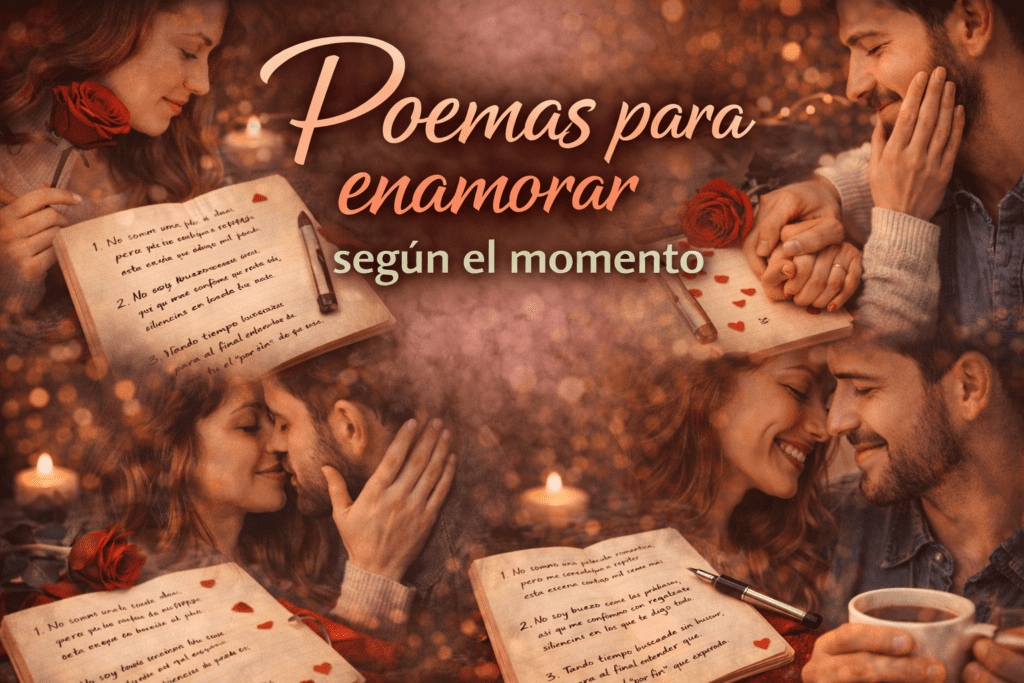 Imagen romántica tipo collage con parejas, cuaderno abierto y versos de amor para sección de poemas para enamorar según el momento