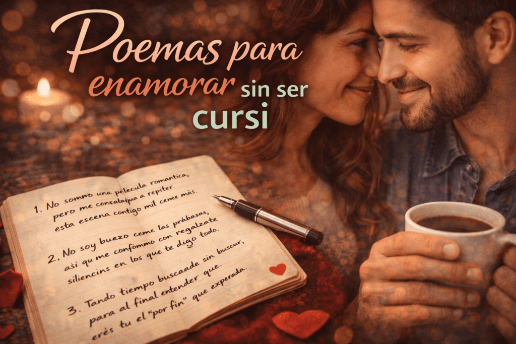 Imagen romántica de pareja con cuaderno abierto y versos de amor para sección de poemas para enamorar sin ser cursi