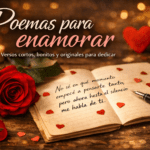 Portada romántica con rosa roja, cuaderno abierto y poema de amor escrito a mano para artículo sobre poemas para enamorar